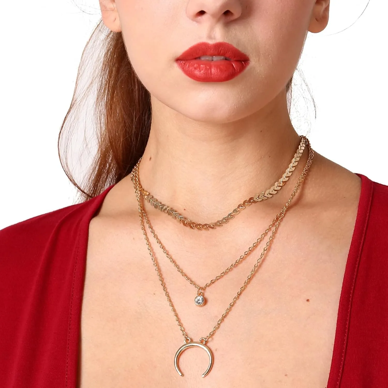 Layered Necklaces for Women, Layering Necklaces Gold Plated Moon Rhinestones Shape Birthday Gift for Women