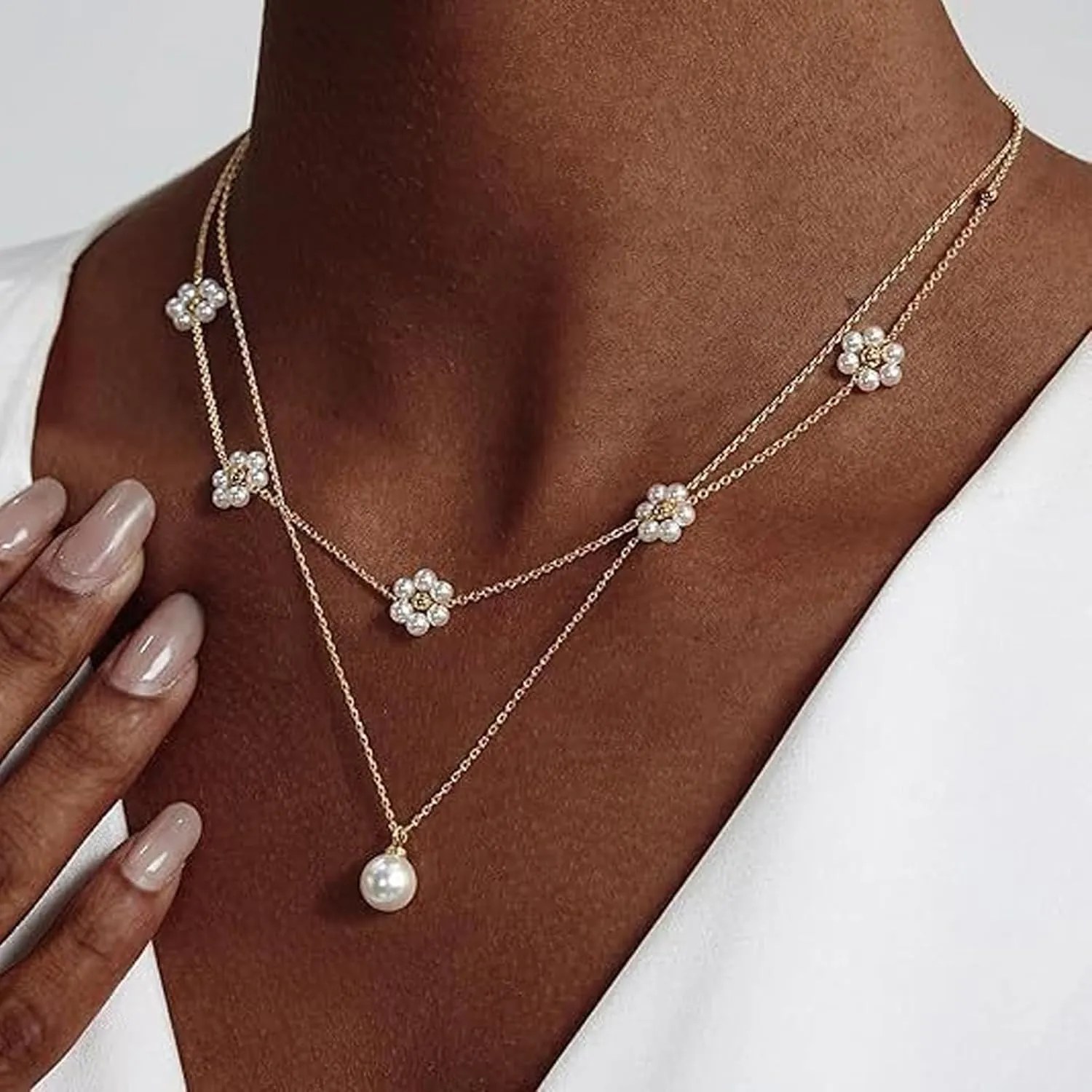 Layered Pearl Necklaces for Women Trendy 14K Gold Plated Pearl Bow Necklace Stack Dainty Pearls Flower Choker Necklaces Mothers Day Gifts Trendy Stuff Wedding Bridal Jewelry