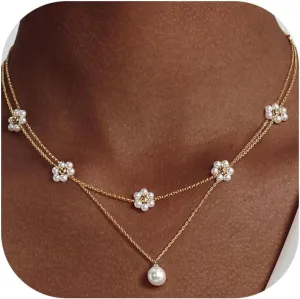 Layered Pearl Necklaces for Women Trendy 14K Gold Plated Pearl Bow Necklace Stack Dainty Pearls Flower Choker Necklaces Mothers Day Gifts Trendy Stuff Wedding Bridal Jewelry