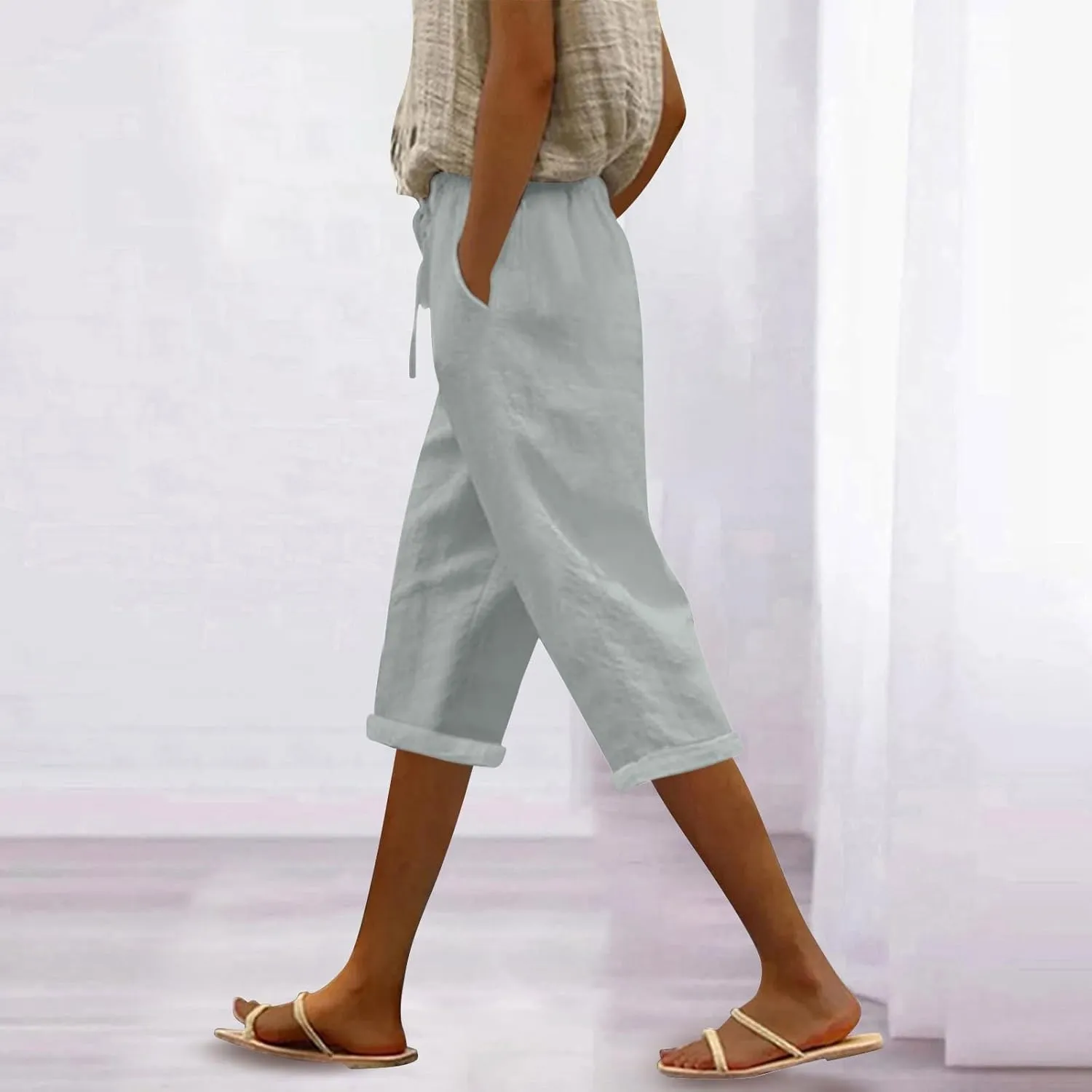 LCMTWX Linen Pants Women Waist Pants Drawstring Pants with Pockets Wide Leg Cropped Pants for Women Capri Pants 2025 Pants