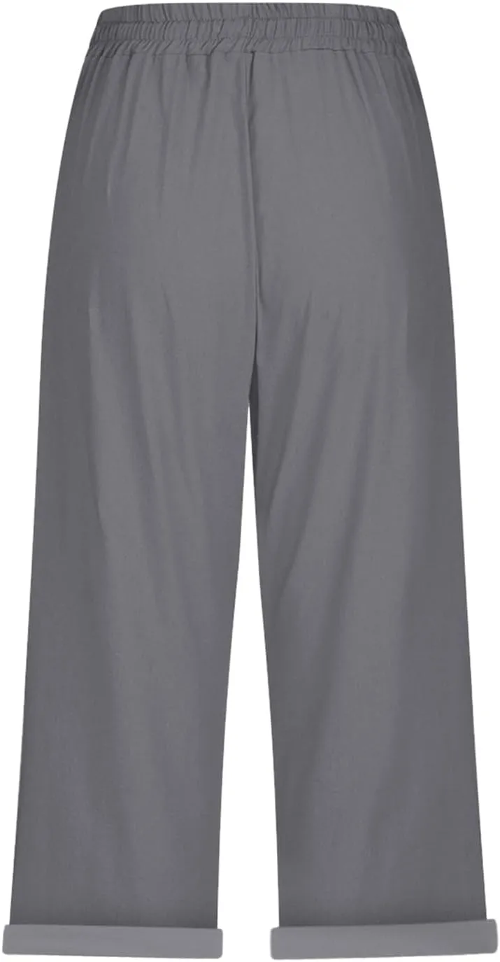 LCMTWX Linen Pants Women Waist Pants Drawstring Pants with Pockets Wide Leg Cropped Pants for Women Capri Pants 2025 Pants