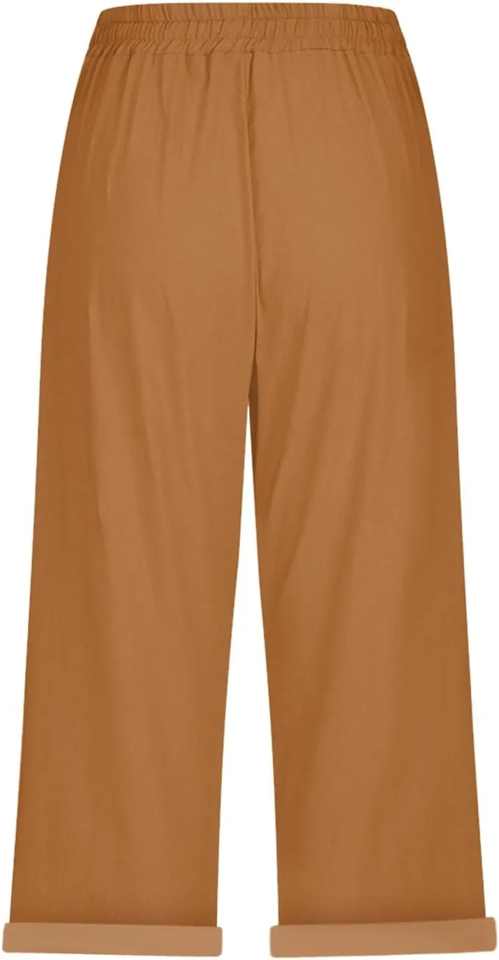 LCMTWX Linen Pants Women Waist Pants Drawstring Pants with Pockets Wide Leg Cropped Pants for Women Capri Pants 2025 Pants