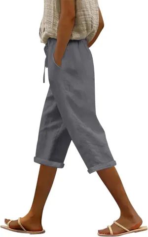 LCMTWX Linen Pants Women Waist Pants Drawstring Pants with Pockets Wide Leg Cropped Pants for Women Capri Pants 2025 Pants