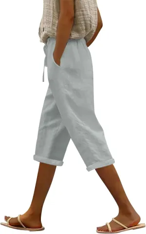 LCMTWX Linen Pants Women Waist Pants Drawstring Pants with Pockets Wide Leg Cropped Pants for Women Capri Pants 2025 Pants