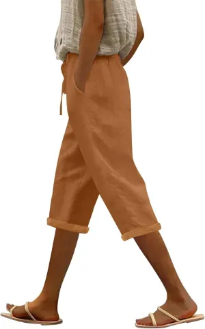 LCMTWX Linen Pants Women Waist Pants Drawstring Pants with Pockets Wide Leg Cropped Pants for Women Capri Pants 2025 Pants