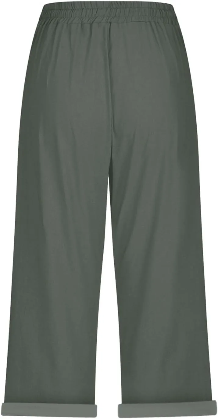 LCMTWX Linen Pants Women Waist Pants Drawstring Pants with Pockets Wide Leg Cropped Pants for Women Capri Pants 2025 Pants