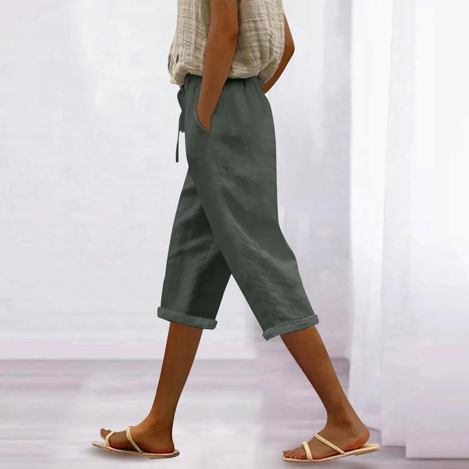 LCMTWX Linen Pants Women Waist Pants Drawstring Pants with Pockets Wide Leg Cropped Pants for Women Capri Pants 2025 Pants