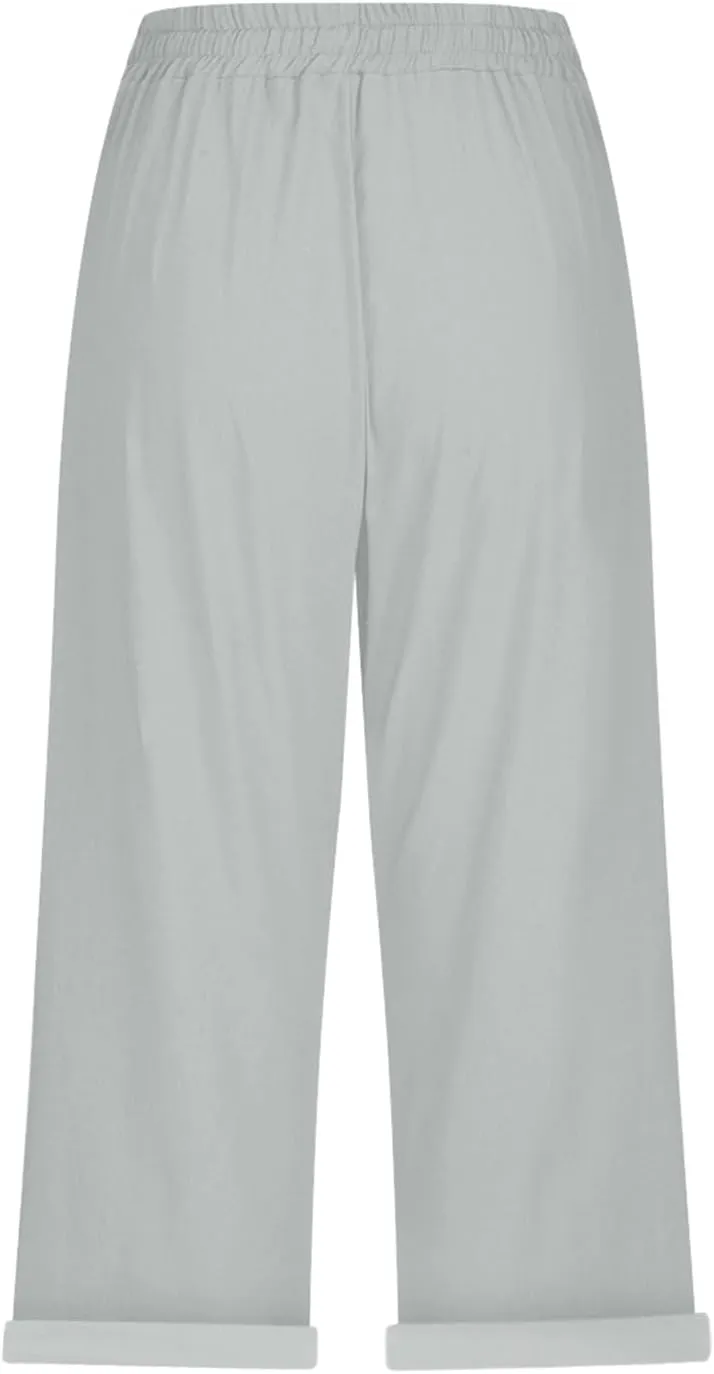 LCMTWX Linen Pants Women Waist Pants Drawstring Pants with Pockets Wide Leg Cropped Pants for Women Capri Pants 2025 Pants
