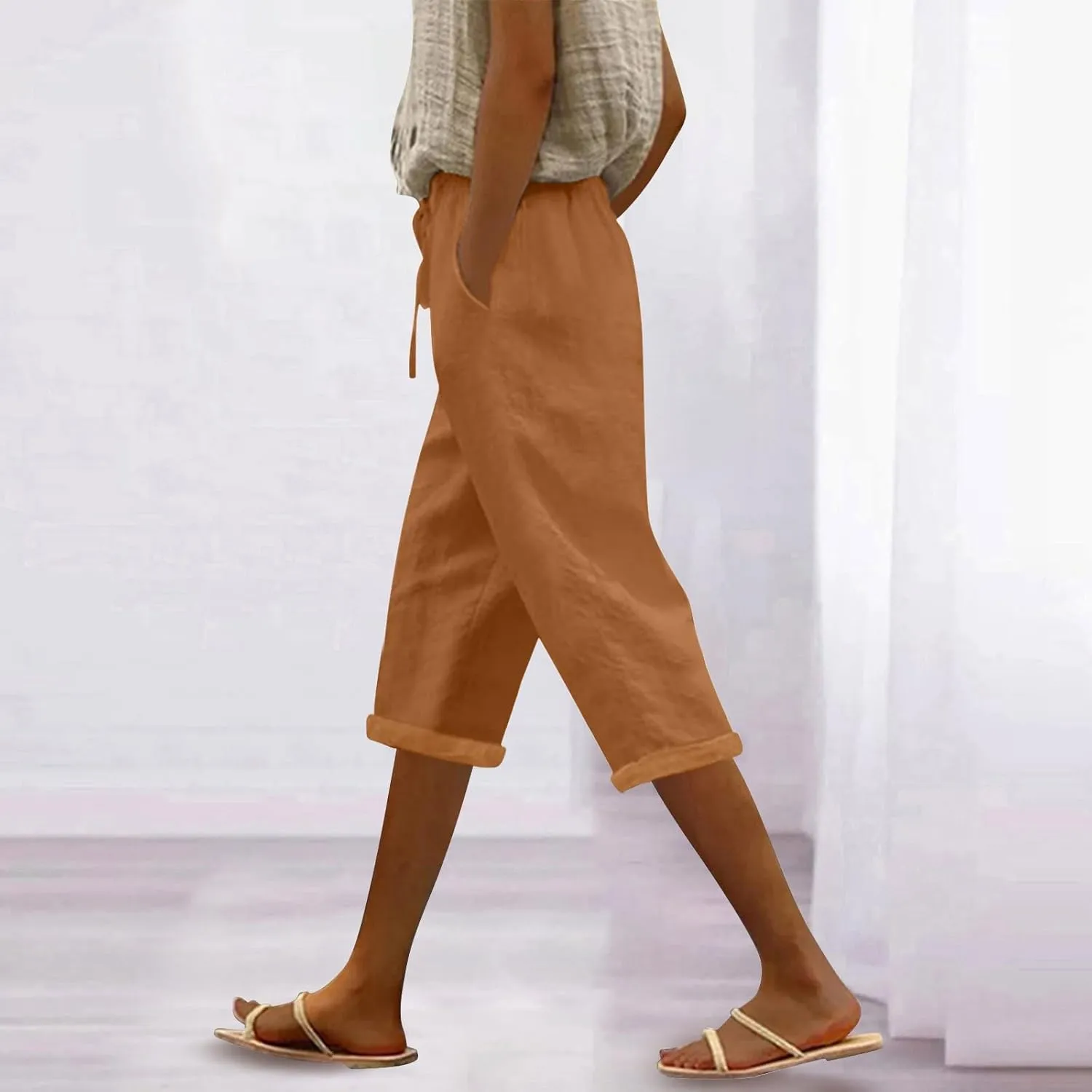 LCMTWX Linen Pants Women Waist Pants Drawstring Pants with Pockets Wide Leg Cropped Pants for Women Capri Pants 2025 Pants