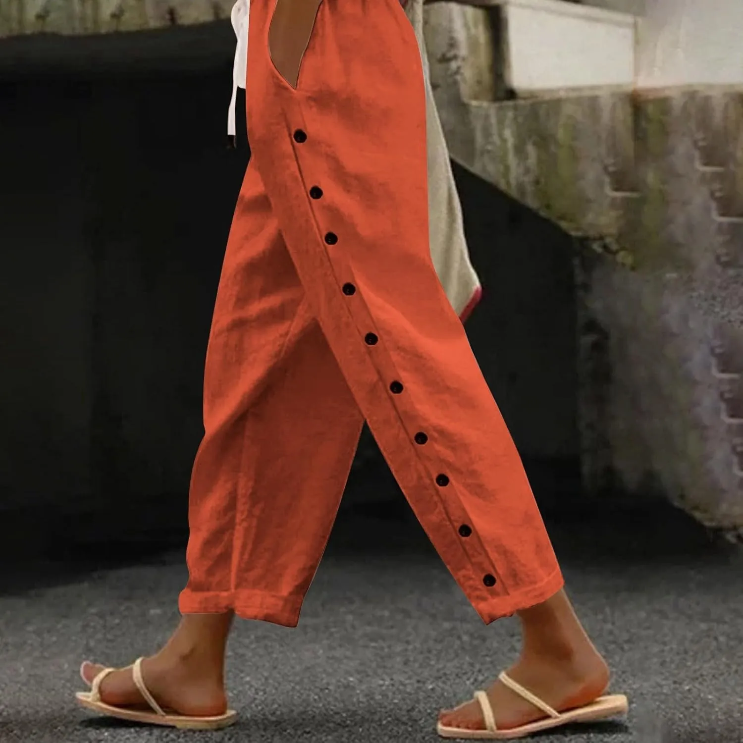 LCMTWX Women's Linen Pants Drawstring Pants with Pockets Wide Leg Cropped Pants for Women Capri Pants 2025 Pants with