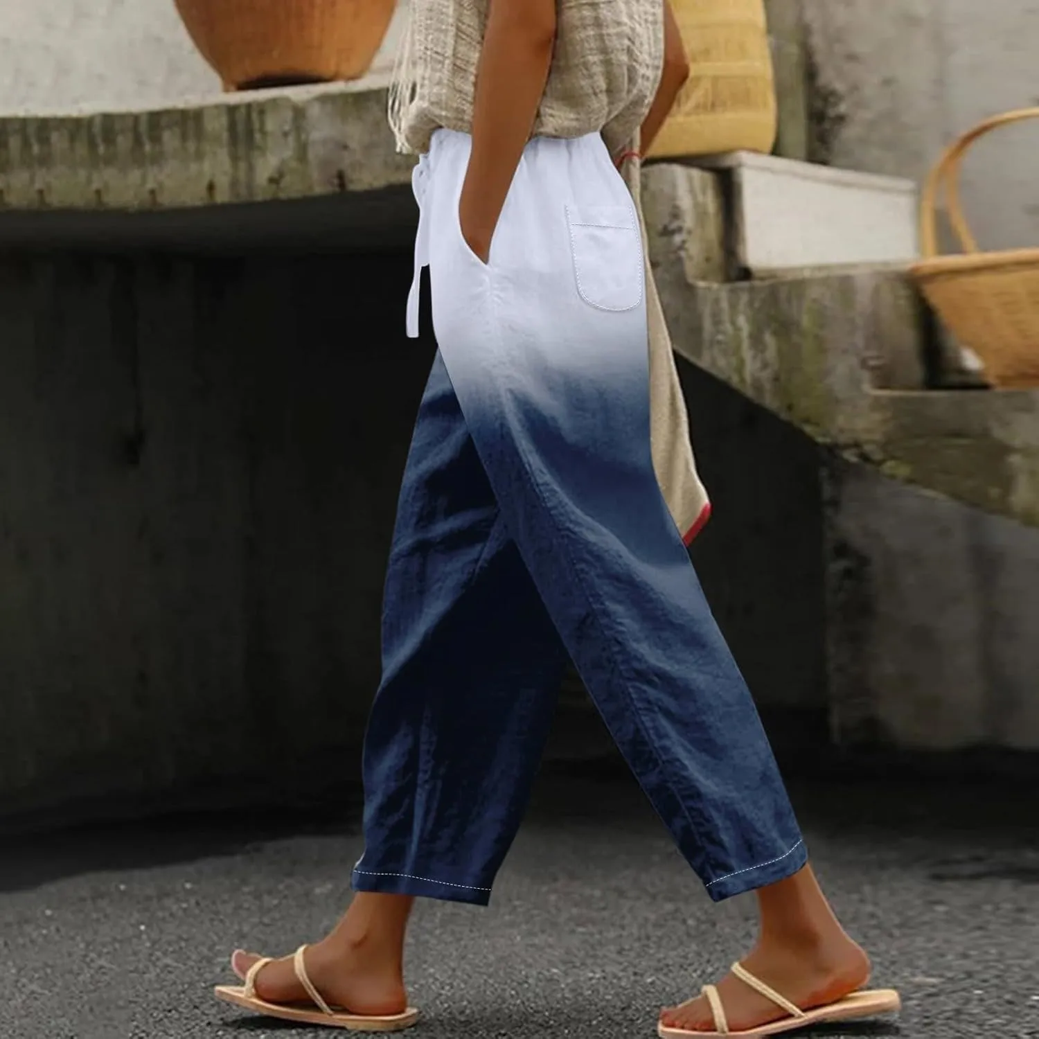 LCMTWX Women's Linen Pants Drawstring Pants with Pockets Wide Leg Cropped Pants for Women Capri Pants 2025 Pants with