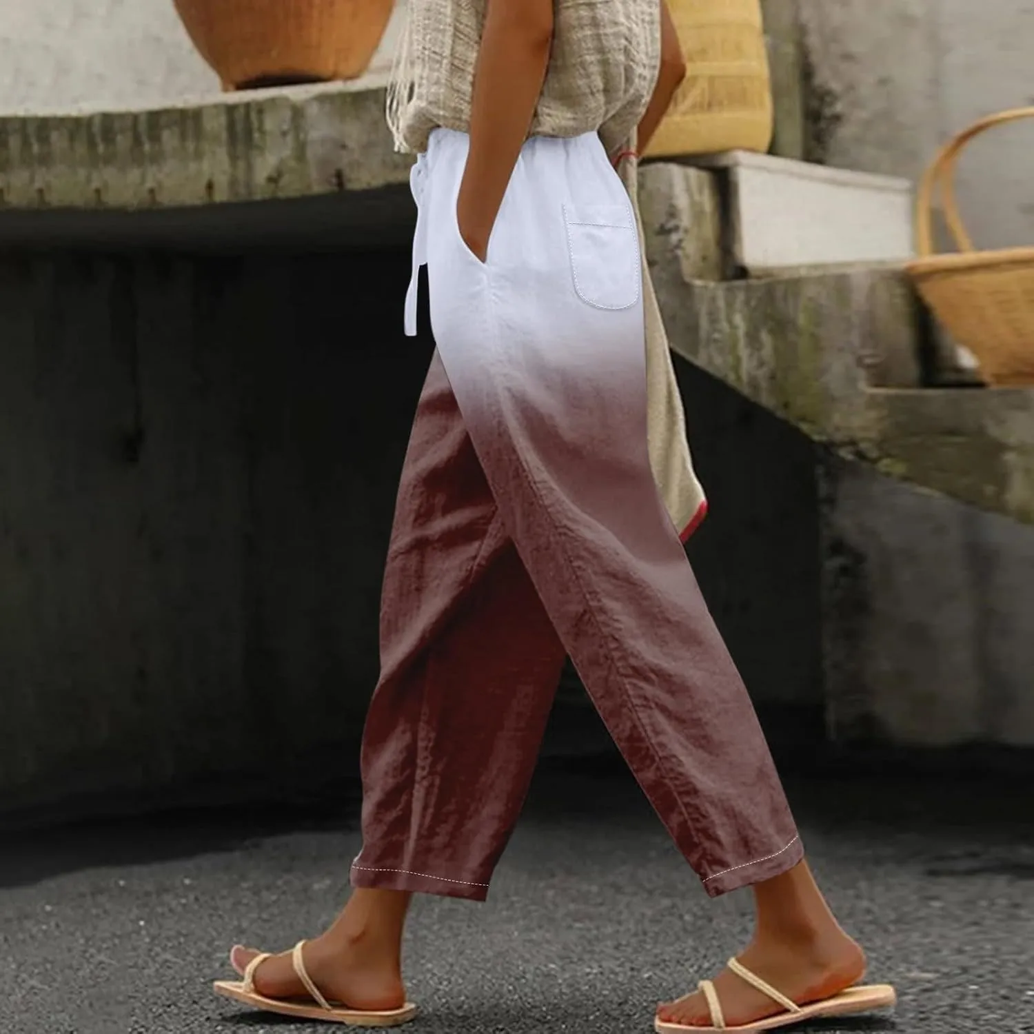 LCMTWX Women's Linen Pants Drawstring Pants with Pockets Wide Leg Cropped Pants for Women Capri Pants 2025 Pants with