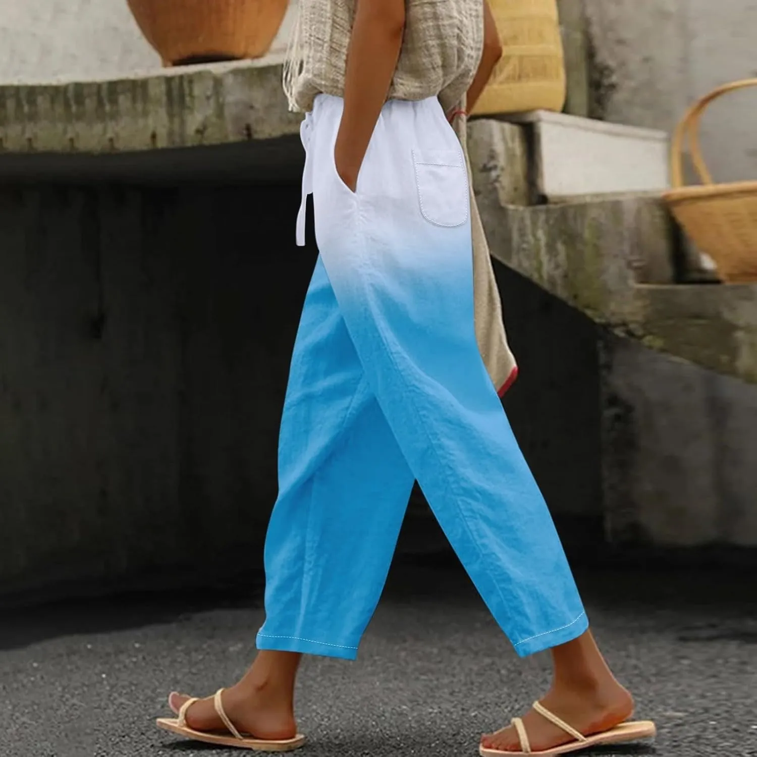 LCMTWX Women's Linen Pants Drawstring Pants with Pockets Wide Leg Cropped Pants for Women Capri Pants 2025 Pants with