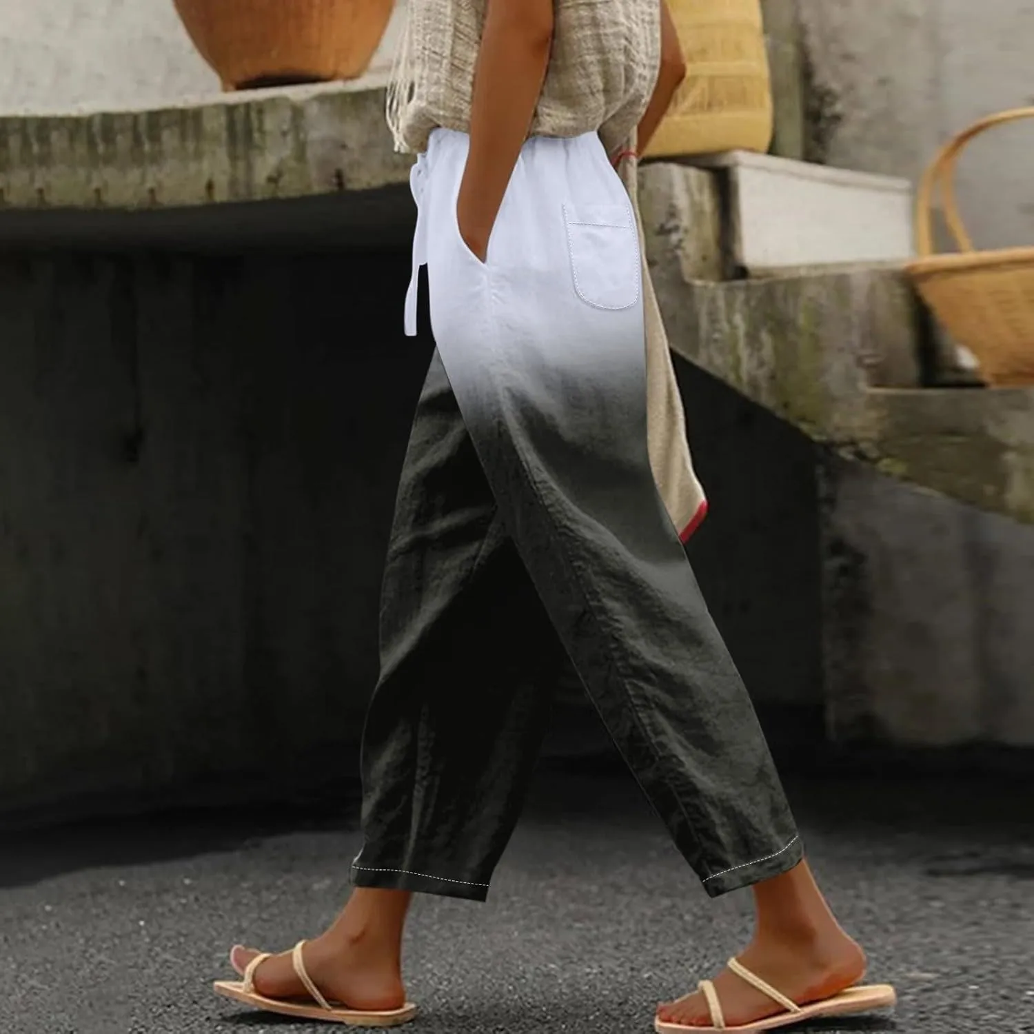 LCMTWX Women's Linen Pants Drawstring Pants with Pockets Wide Leg Cropped Pants for Women Capri Pants 2025 Pants with