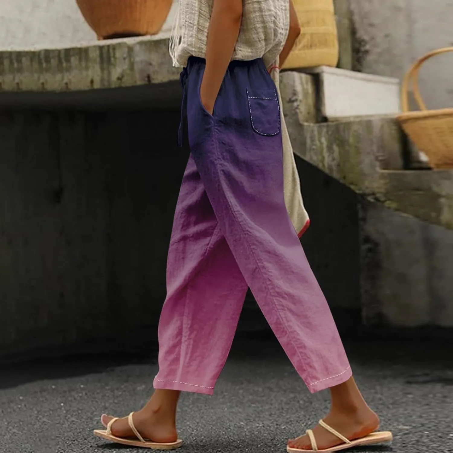 LCMTWX Women's Linen Pants Drawstring Pants with Pockets Wide Leg Cropped Pants for Women Capri Pants 2025 Pants with