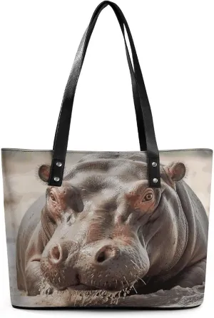 Leather Tote Bag Crossbody Bags for Women Fashion Top Handle Handbag Hippopotamus in Water Ladies Shoulder Bags Casual Beach Bag Gym Bages Ladies Purses for Shopping Work Travel