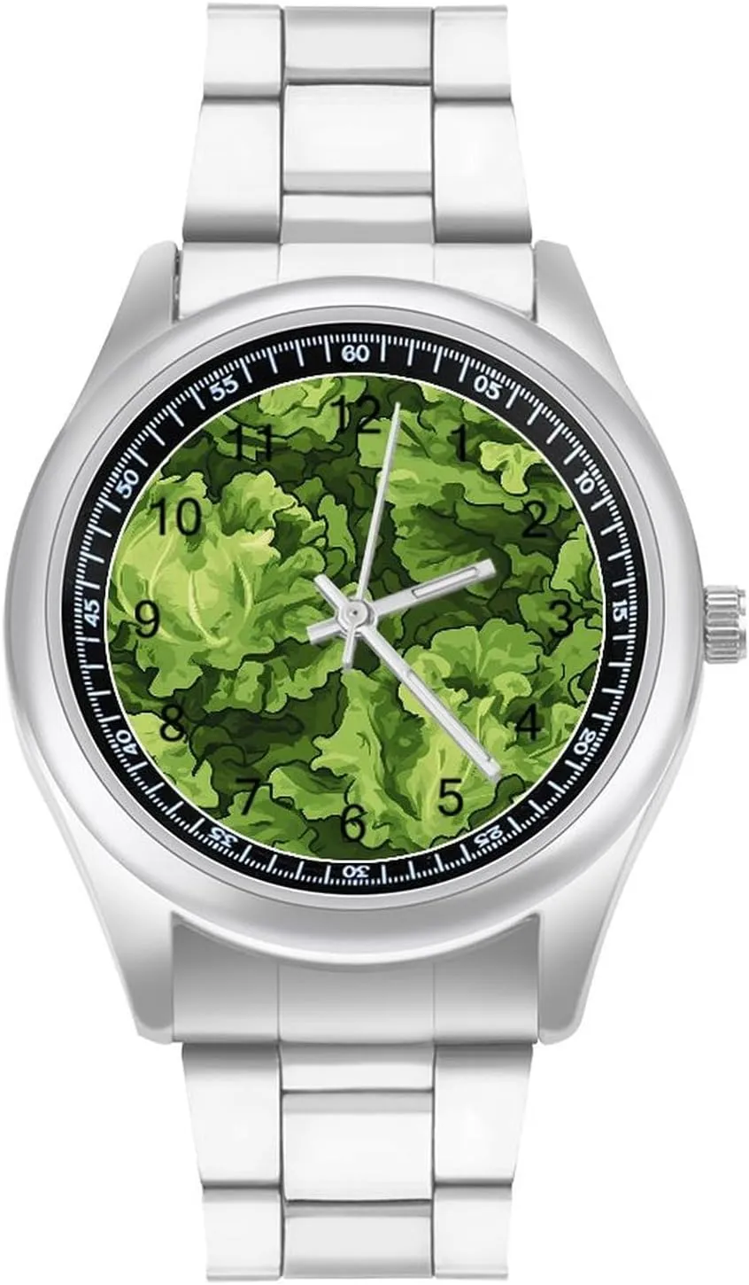 Lettuce Green Camouflage Stainless Steel Strap Simple Business Watches for Men Easy Reader Work Casual Watch