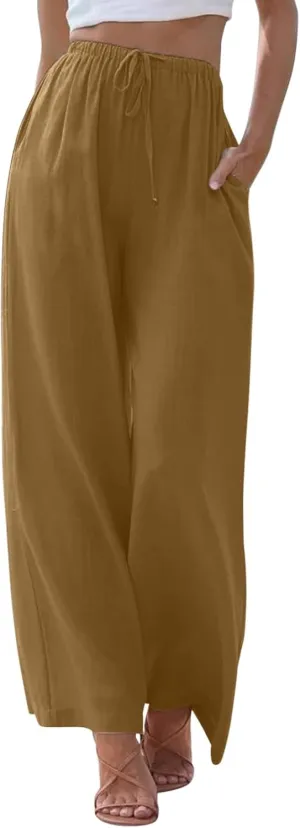 Linen Flowy Pants for Women Wide Leg Beach Pants Summer Vacation Boho Pants Casual Yoga Pants Women Holiday Lounge Pants