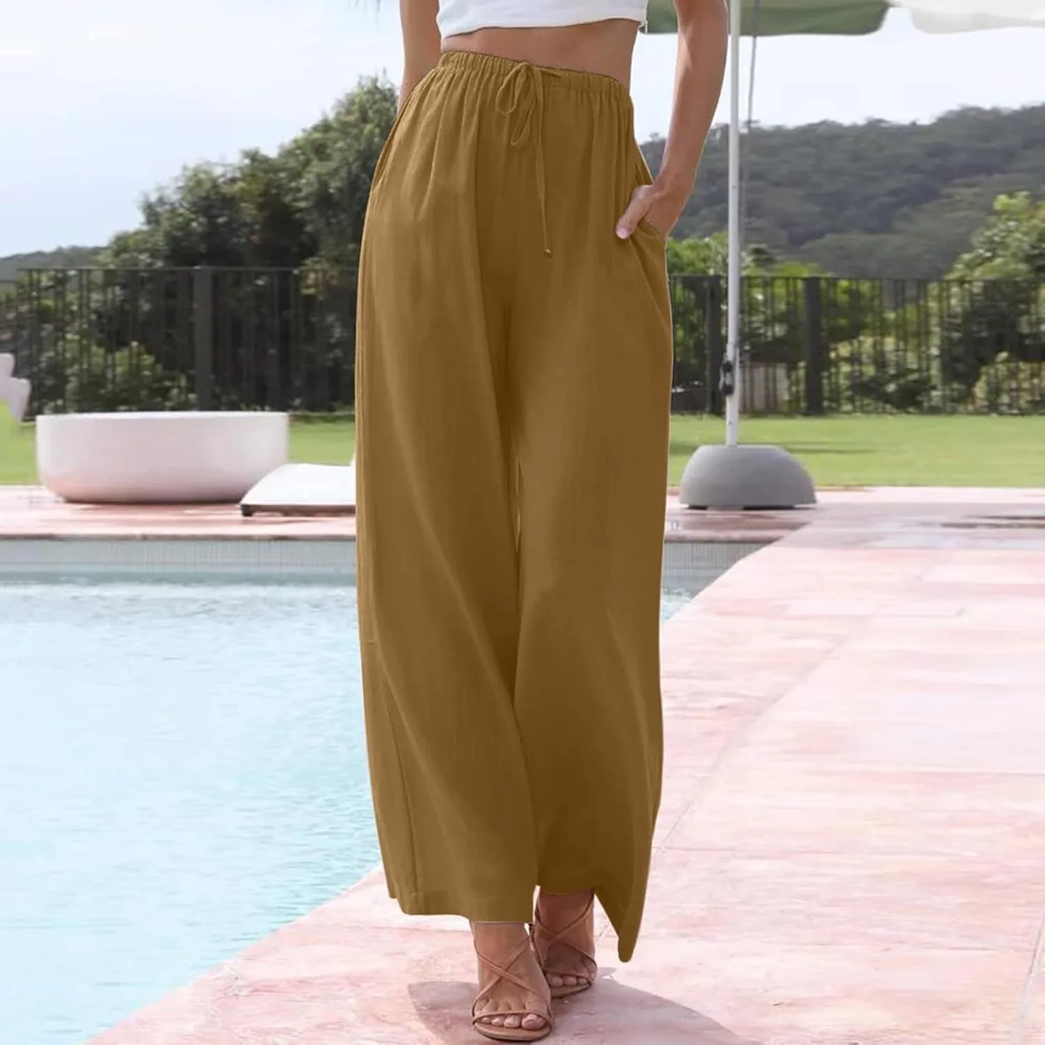 Linen Flowy Pants for Women Wide Leg Beach Pants Summer Vacation Boho Pants Casual Yoga Pants Women Holiday Lounge Pants