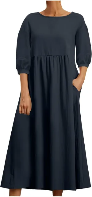 Linen Maxi Dresses for Women 2025 Casual Short Sleeve Solid Color Sundress Fashion Loose Pleated Dress with Pocket