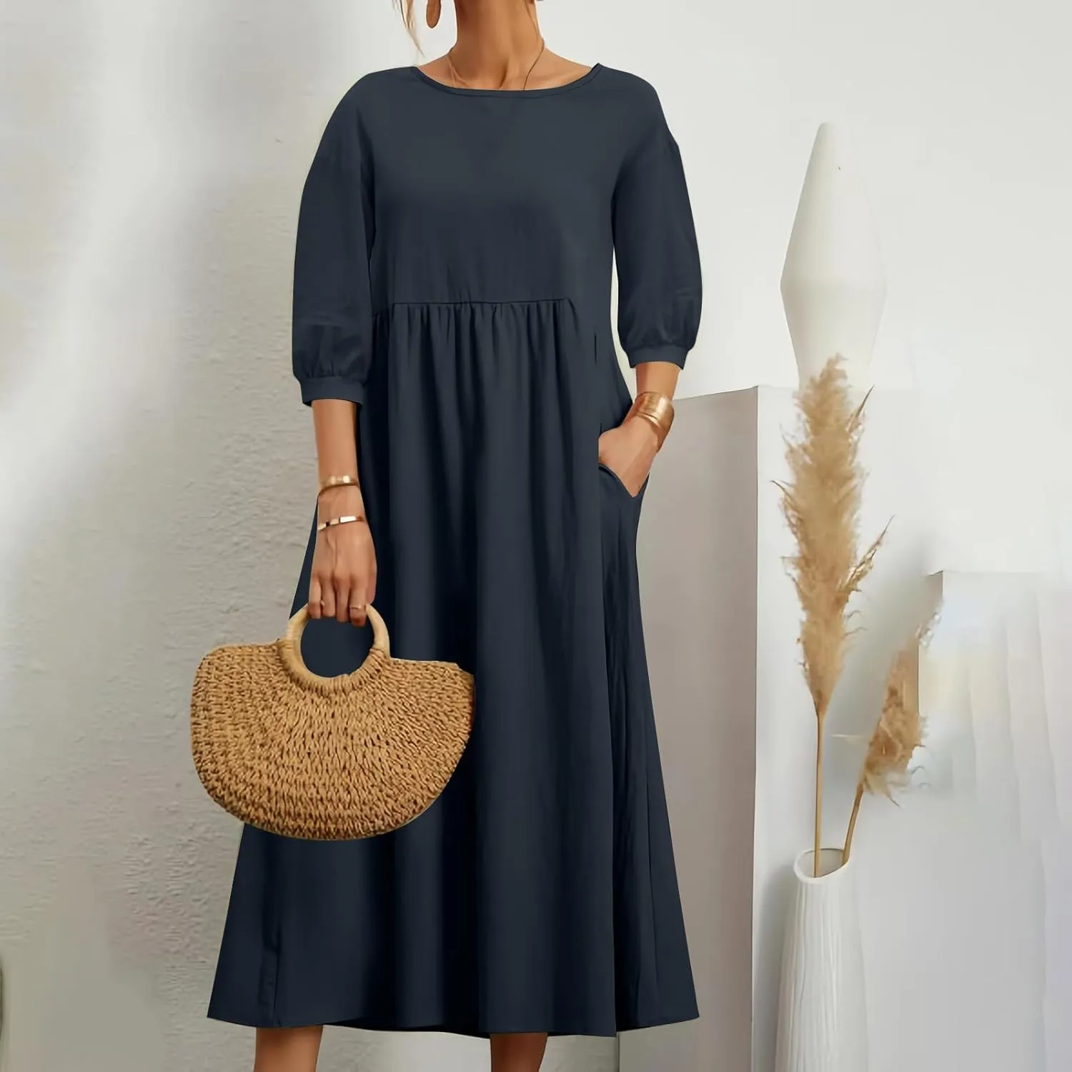 Linen Maxi Dresses for Women 2025 Casual Short Sleeve Solid Color Sundress Fashion Loose Pleated Dress with Pocket