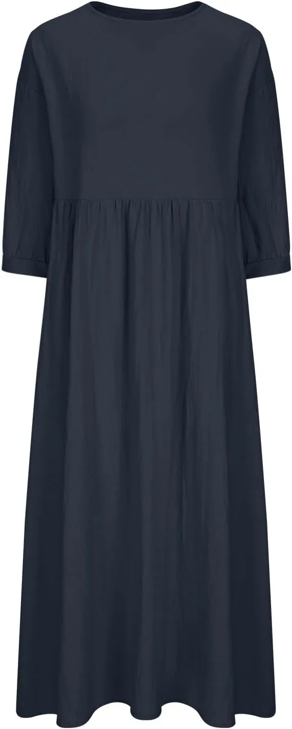 Linen Maxi Dresses for Women 2025 Casual Short Sleeve Solid Color Sundress Fashion Loose Pleated Dress with Pocket