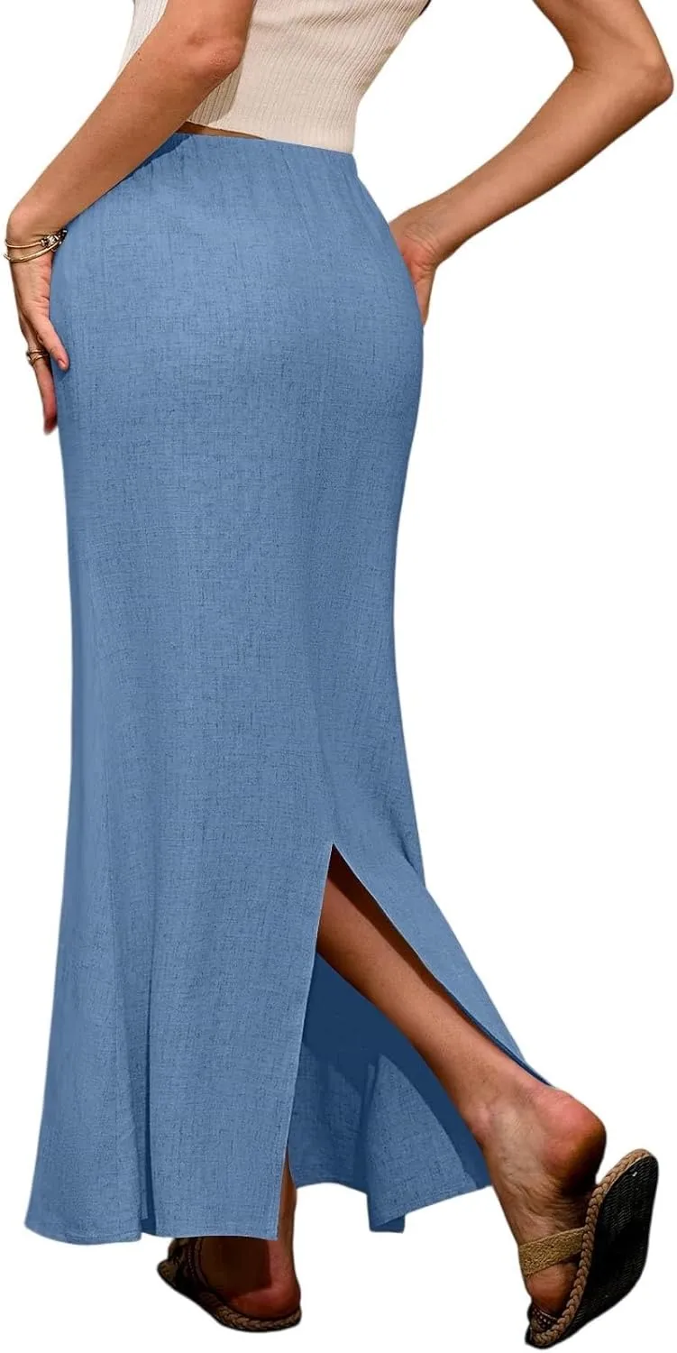 Linen Maxi Skirts for Women 2025 Summer Drawstring Low Rise A Line Skirts Cute Comfy Vacation Boho Long Fishtail Skirt