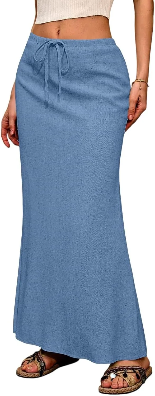 Linen Maxi Skirts for Women 2025 Summer Drawstring Low Rise A Line Skirts Cute Comfy Vacation Boho Long Fishtail Skirt