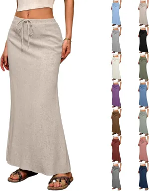 Linen Maxi Skirts for Women 2025 Summer Drawstring Low Rise A Line Skirts Cute Comfy Vacation Boho Long Fishtail Skirt