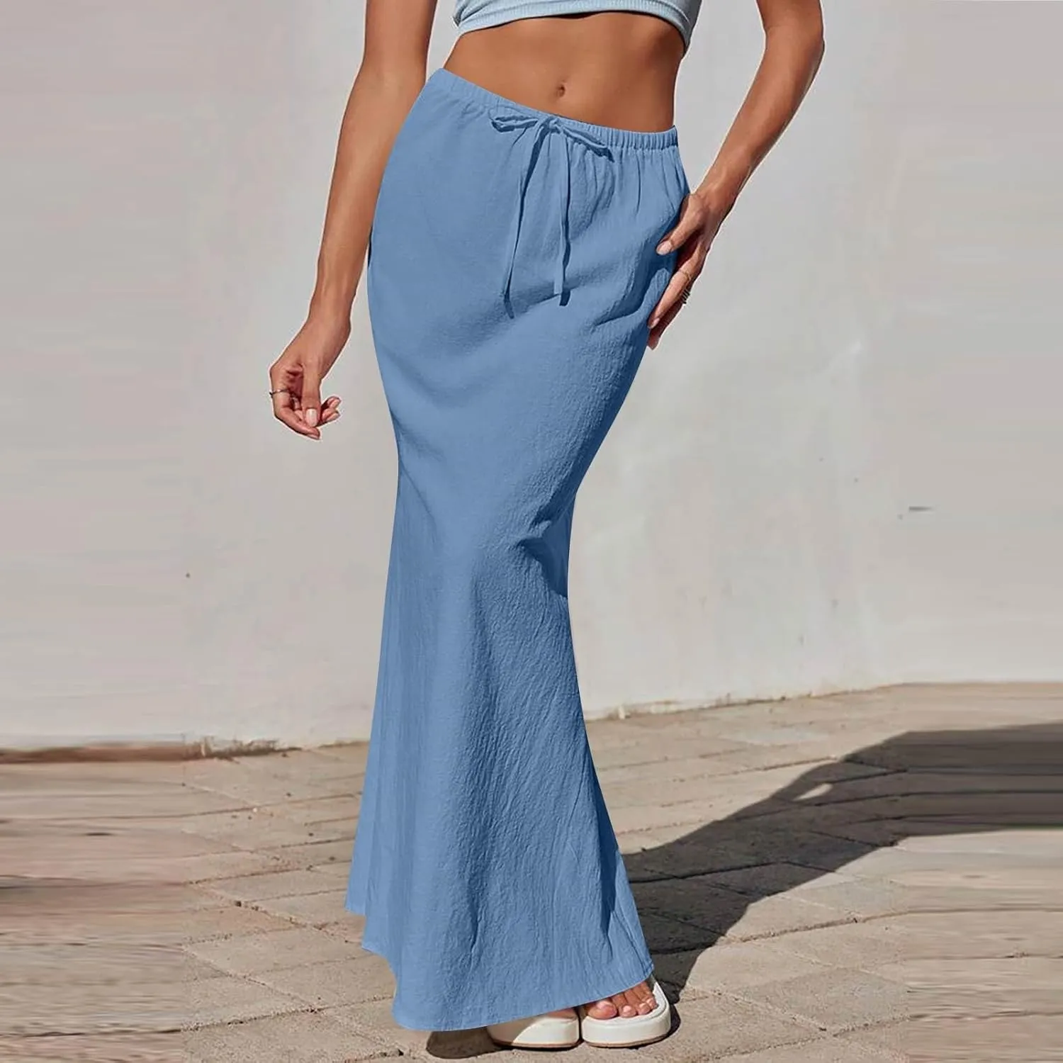 Linen Maxi Skirts for Women 2025 Summer Drawstring Low Rise A Line Skirts Cute Comfy Vacation Boho Long Fishtail Skirt