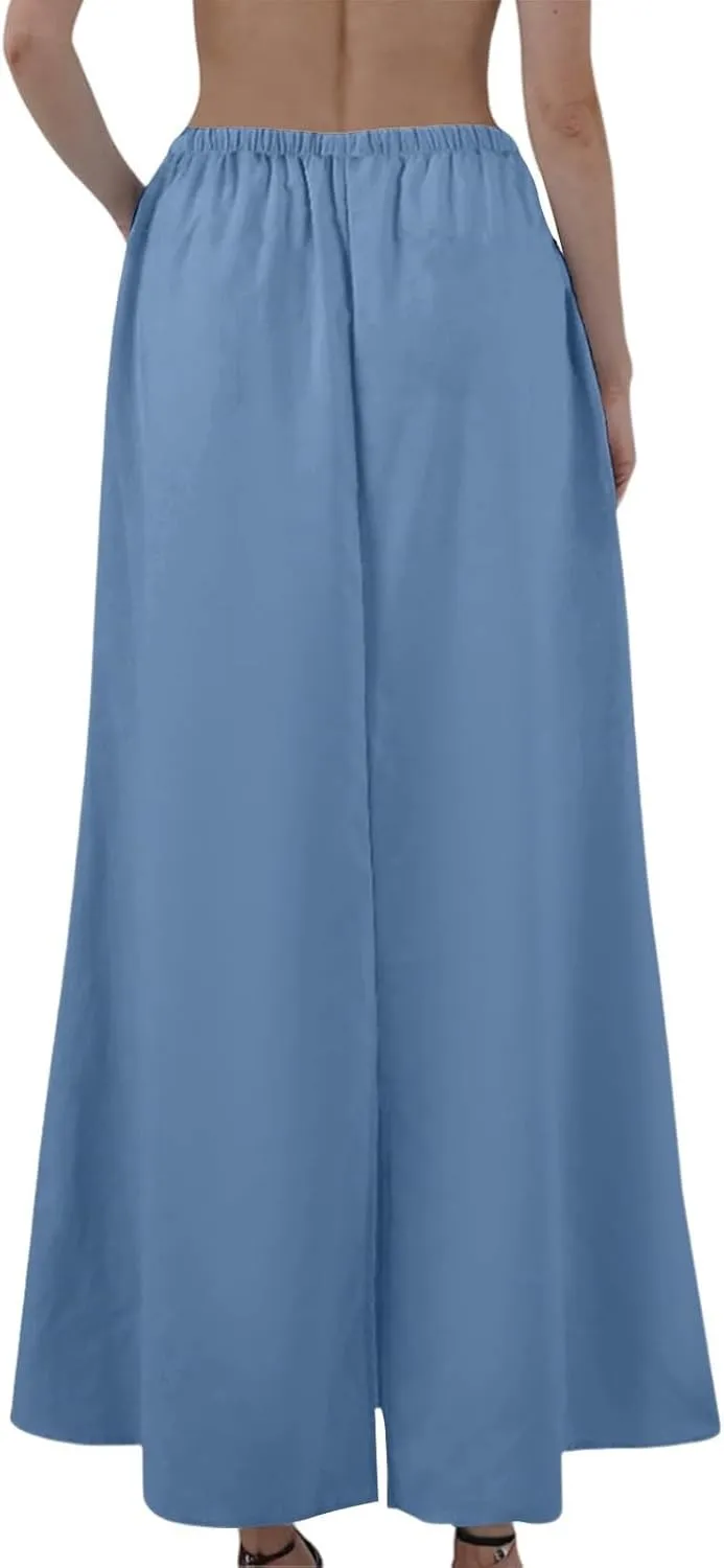 Linen Maxi Skirts for Women 2025 Summer Drawstring Low Rise A Line Skirts Cute Comfy Vacation Boho Long Fishtail Skirt