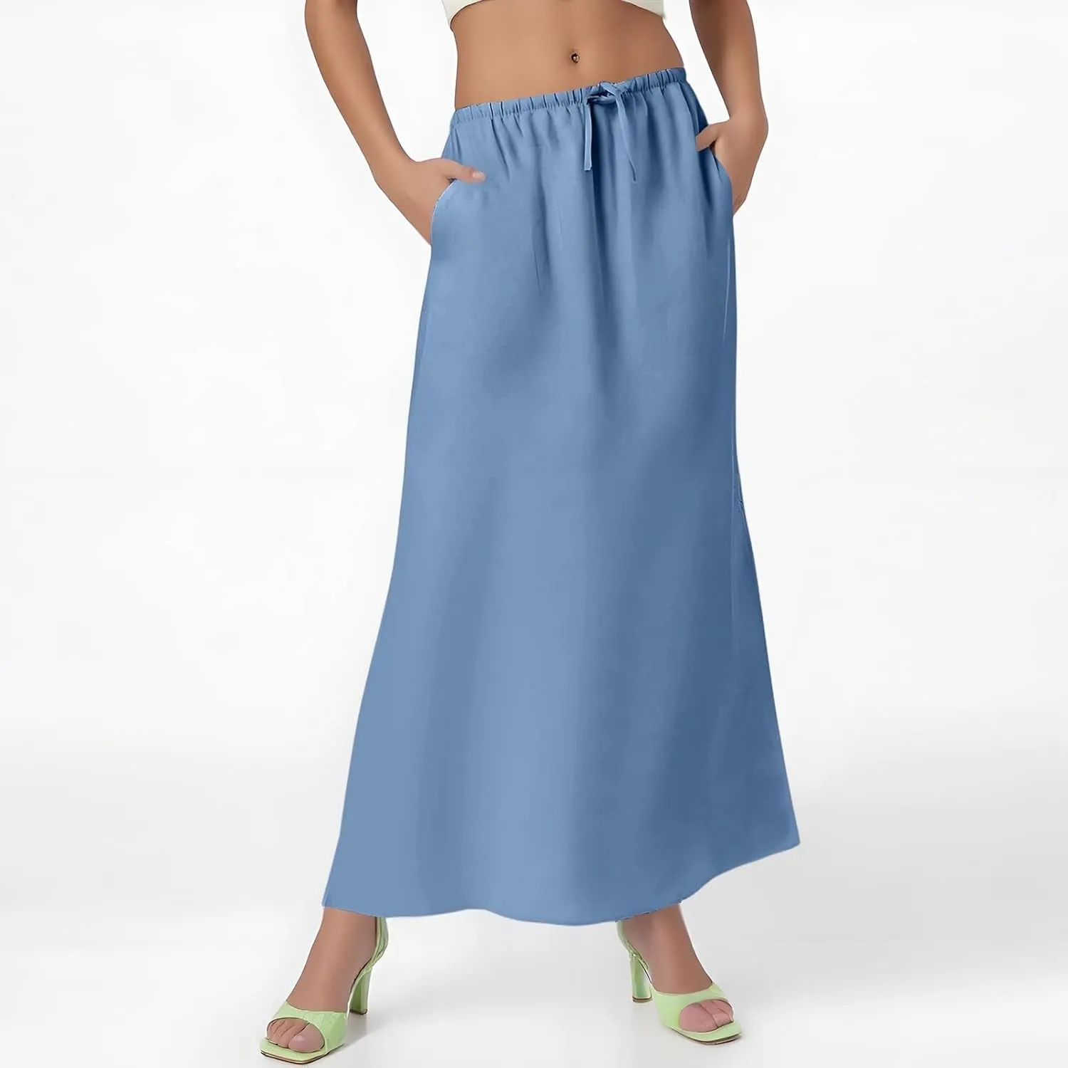 Linen Maxi Skirts for Women 2025 Summer Drawstring Low Rise A Line Skirts Cute Comfy Vacation Boho Long Fishtail Skirt