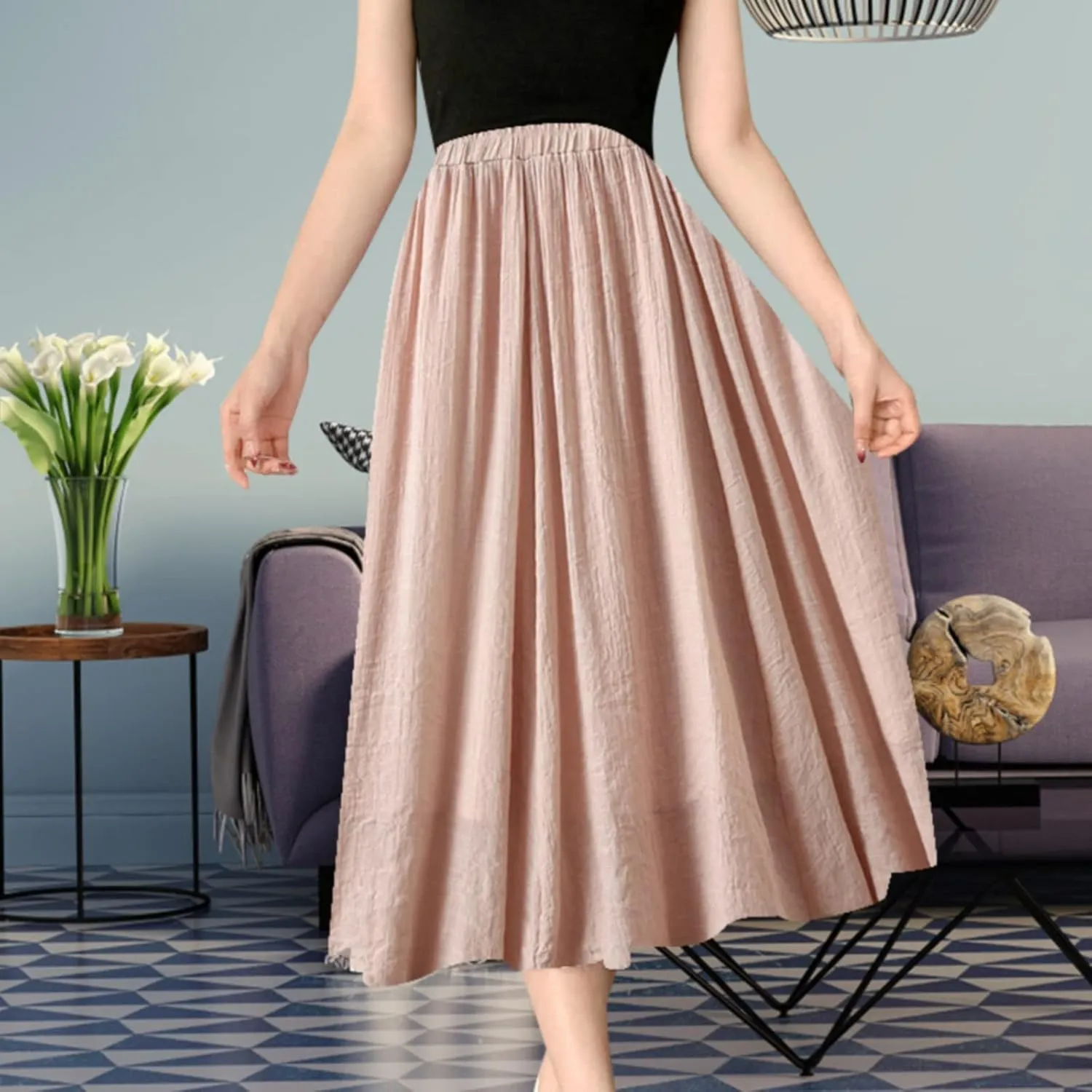 Linen Maxi Skirts for Women Flowy Cotton Pleated A-Line Long Skirt Boho Elastic Waist Drawstring 2025 Summer Dress