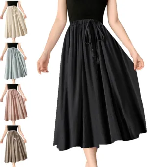 Linen Maxi Skirts for Women Flowy Cotton Pleated A-Line Long Skirt Boho Elastic Waist Drawstring 2025 Summer Dress