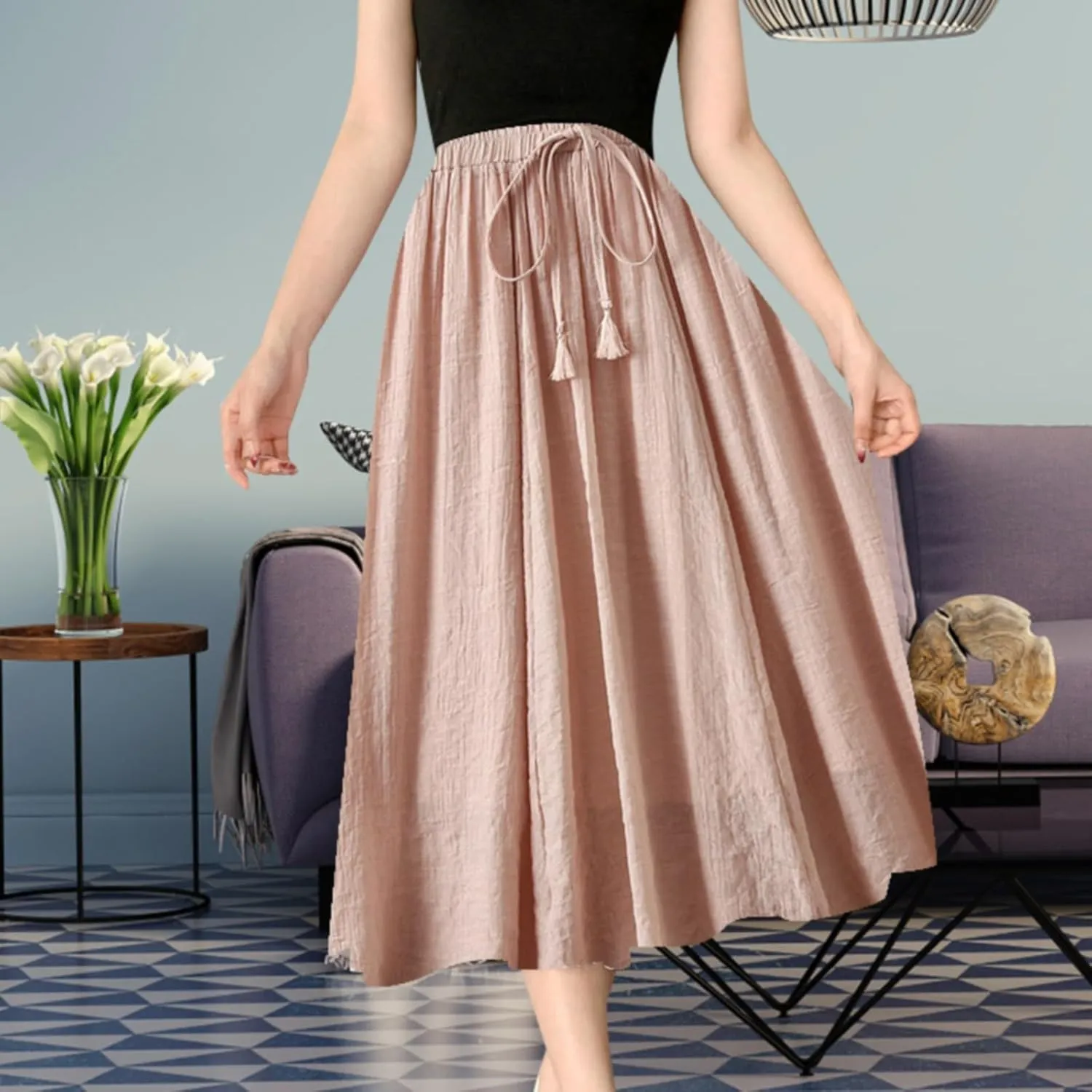 Linen Maxi Skirts for Women Flowy Cotton Pleated A-Line Long Skirt Boho Elastic Waist Drawstring 2025 Summer Dress