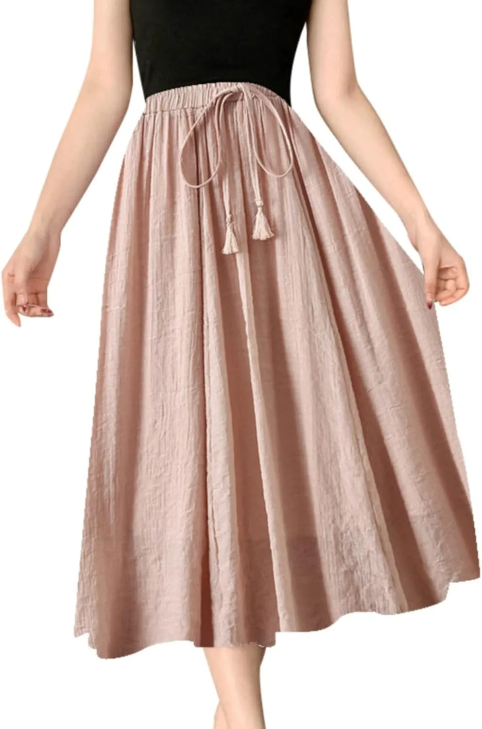 Linen Maxi Skirts for Women Flowy Cotton Pleated A-Line Long Skirt Boho Elastic Waist Drawstring 2025 Summer Dress