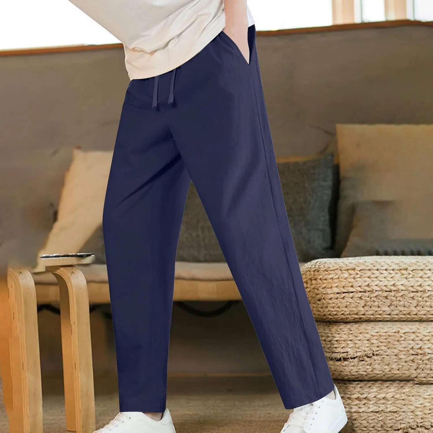 Linen Pants for Mens Casual Pants Summer Beach Pants Drawstring Yoga Pants Soft Elastic Waist Pants