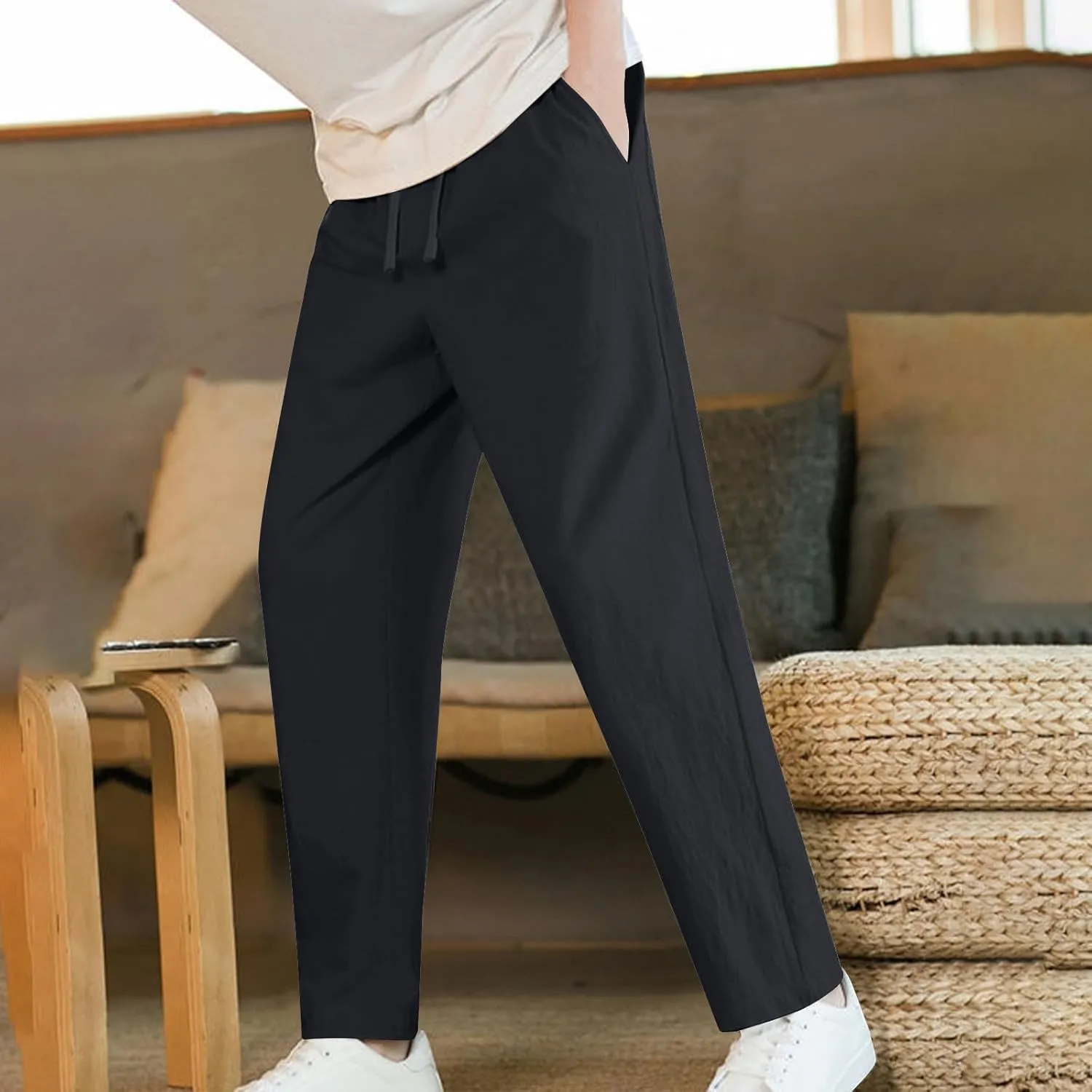 Linen Pants for Mens Casual Pants Summer Beach Pants Drawstring Yoga Pants Soft Elastic Waist Pants