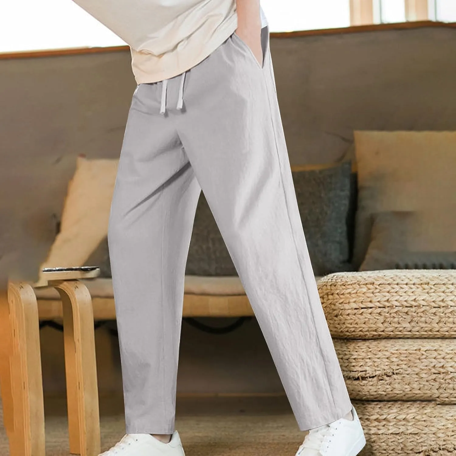 Linen Pants for Mens Casual Pants Summer Beach Pants Drawstring Yoga Pants Soft Elastic Waist Pants