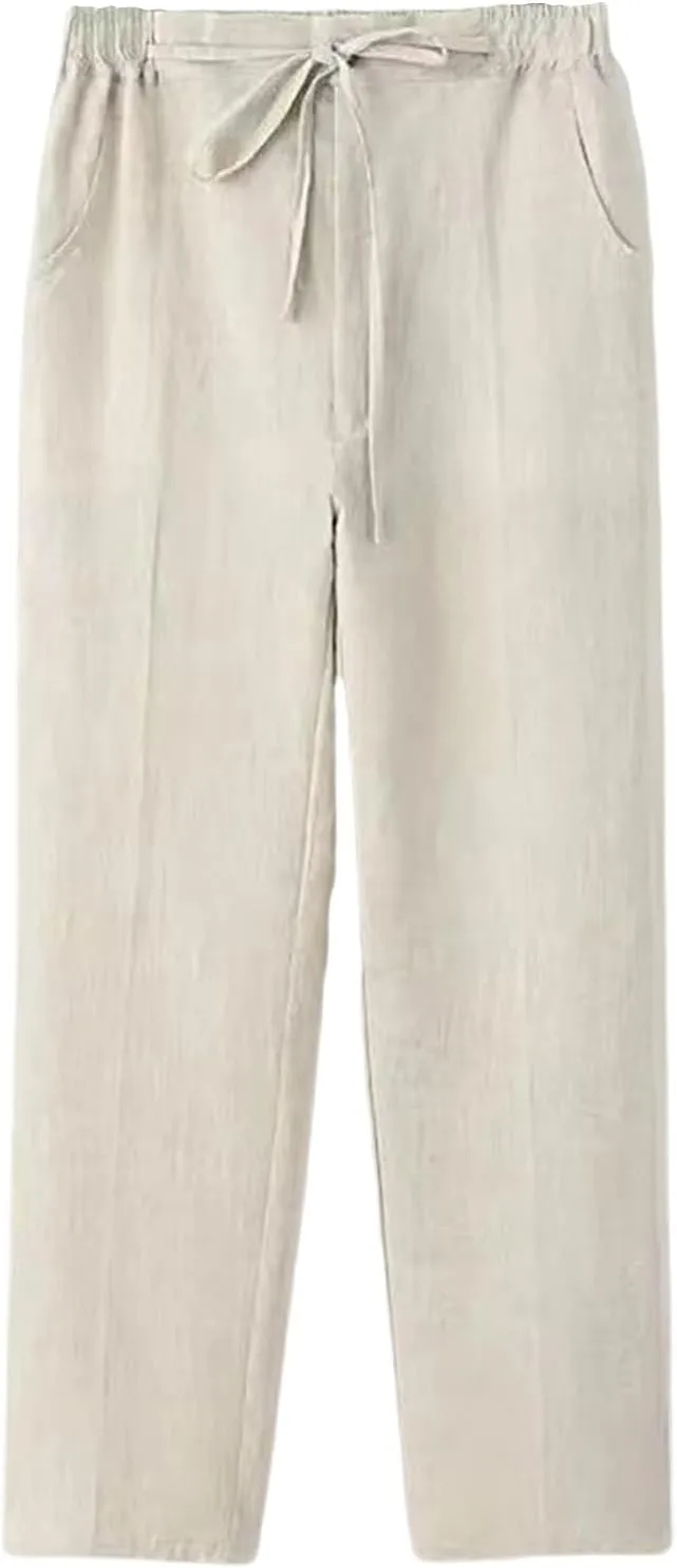 Linen Pants for Mens Casual Pants Summer Beach Pants Drawstring Yoga Pants Soft Elastic Waist Pants