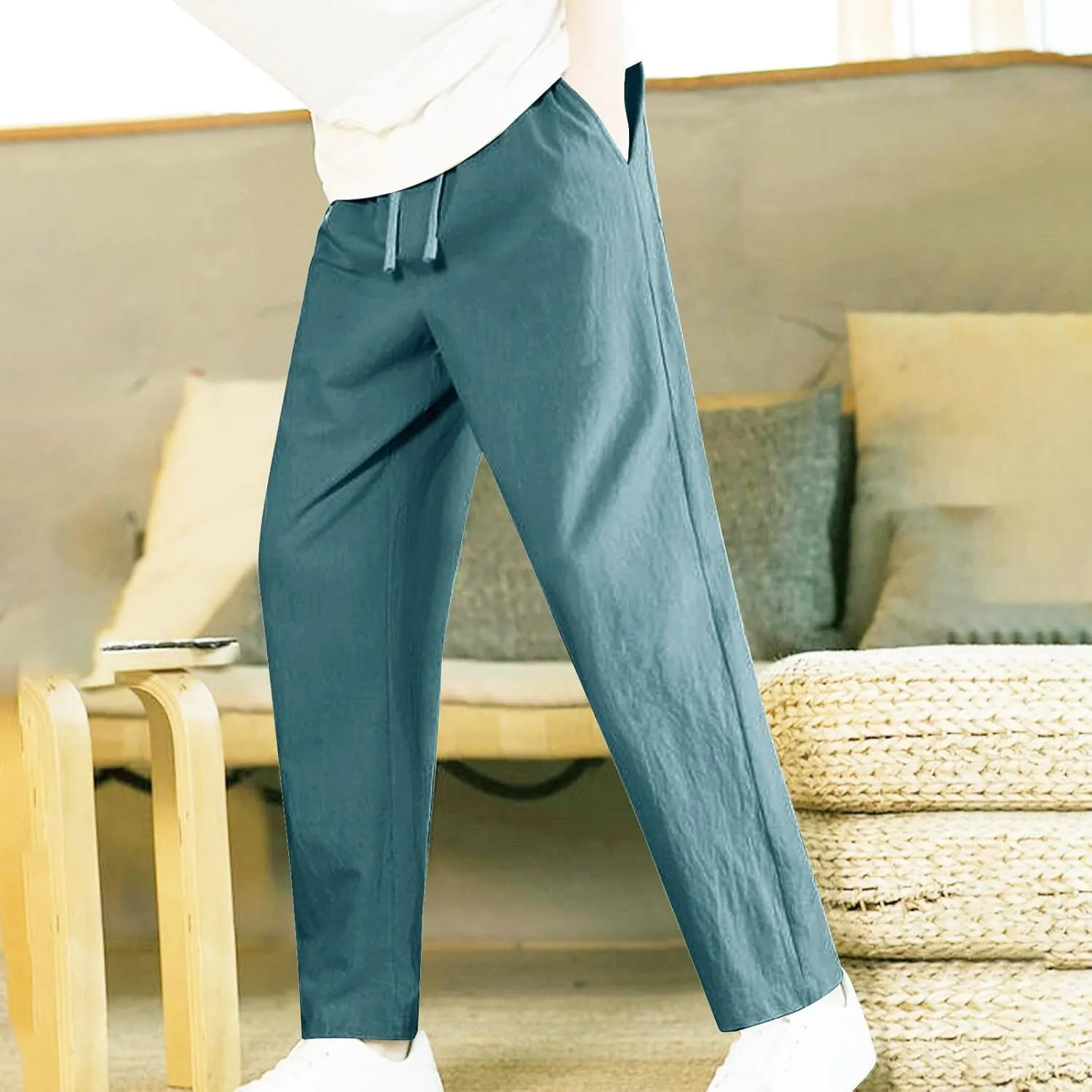 Linen Pants for Mens Casual Pants Summer Beach Pants Drawstring Yoga Pants Soft Elastic Waist Pants