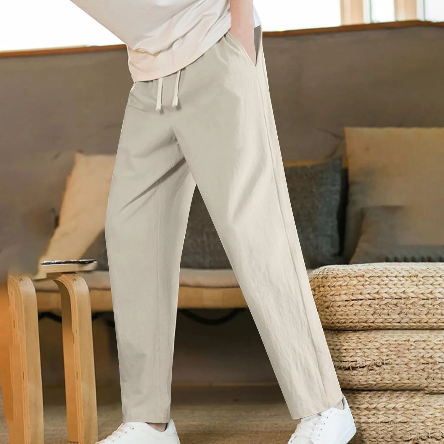 Linen Pants for Mens Casual Pants Summer Beach Pants Drawstring Yoga Pants Soft Elastic Waist Pants