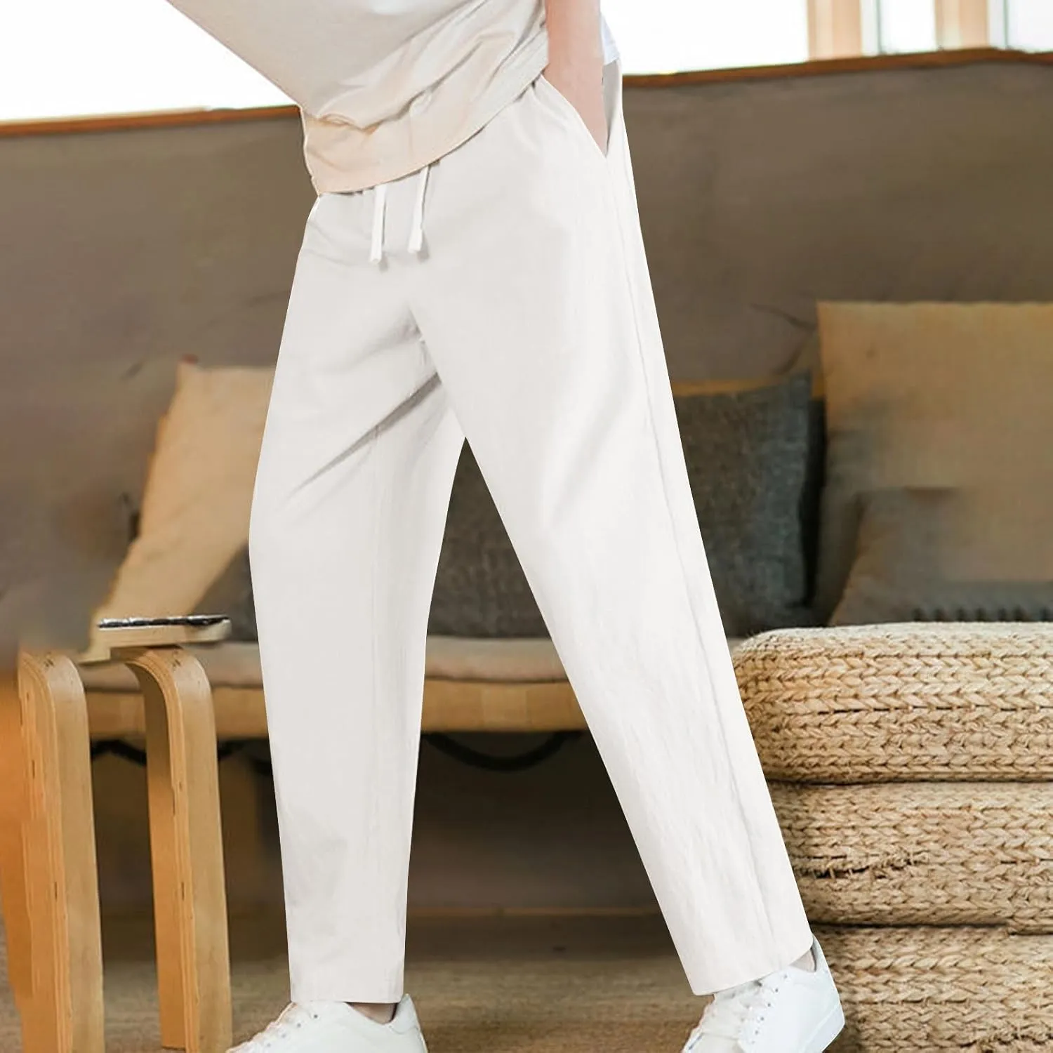 Linen Pants for Mens Casual Pants Summer Beach Pants Drawstring Yoga Pants Soft Elastic Waist Pants