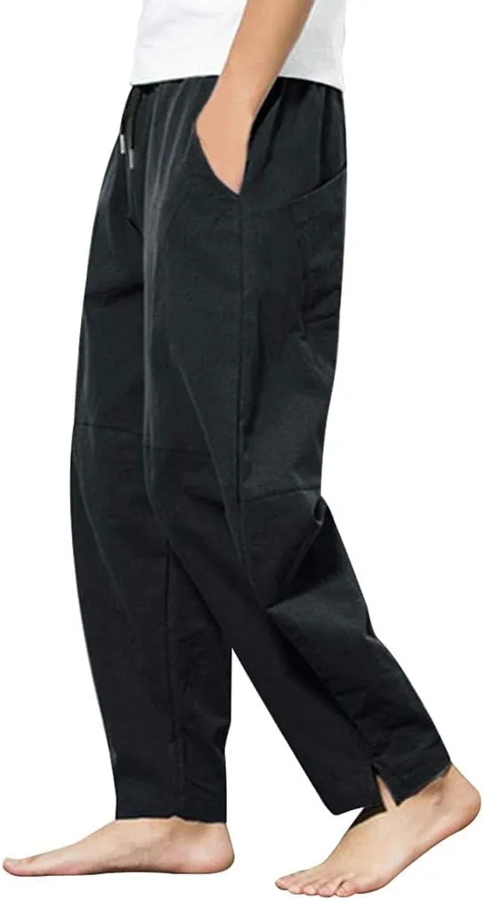 Linen Pants Mens Casual Pants Drawstring Beach Pants Relaxed-Fit Yoga Pants Summer Elastic Waist Pants