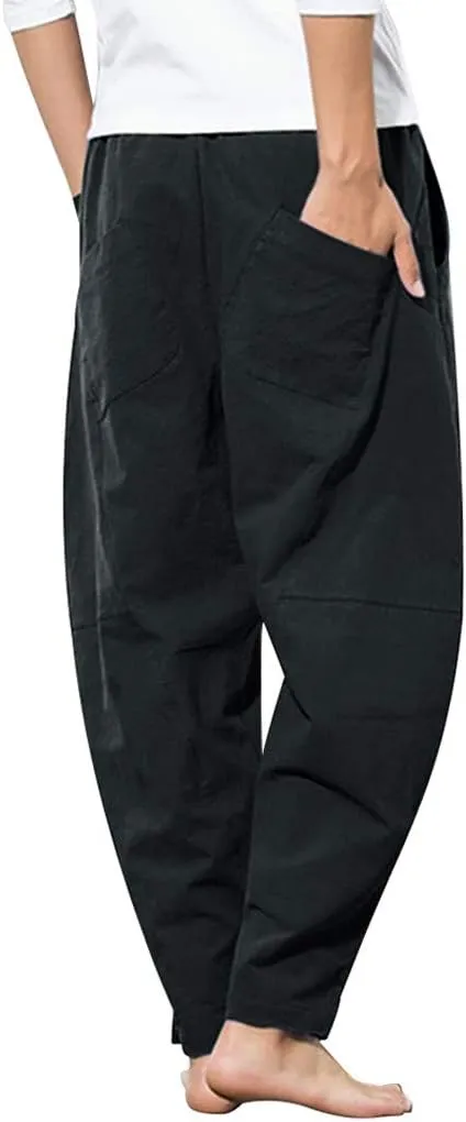 Linen Pants Mens Casual Pants Drawstring Beach Pants Relaxed-Fit Yoga Pants Summer Elastic Waist Pants