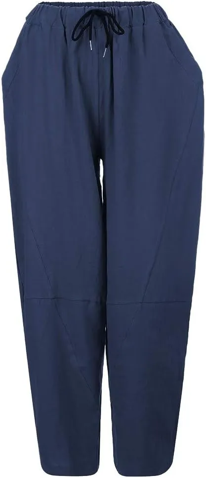 Linen Pants Mens Casual Pants Drawstring Beach Pants Relaxed-Fit Yoga Pants Summer Elastic Waist Pants