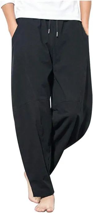 Linen Pants Mens Casual Pants Drawstring Beach Pants Relaxed-Fit Yoga Pants Summer Elastic Waist Pants