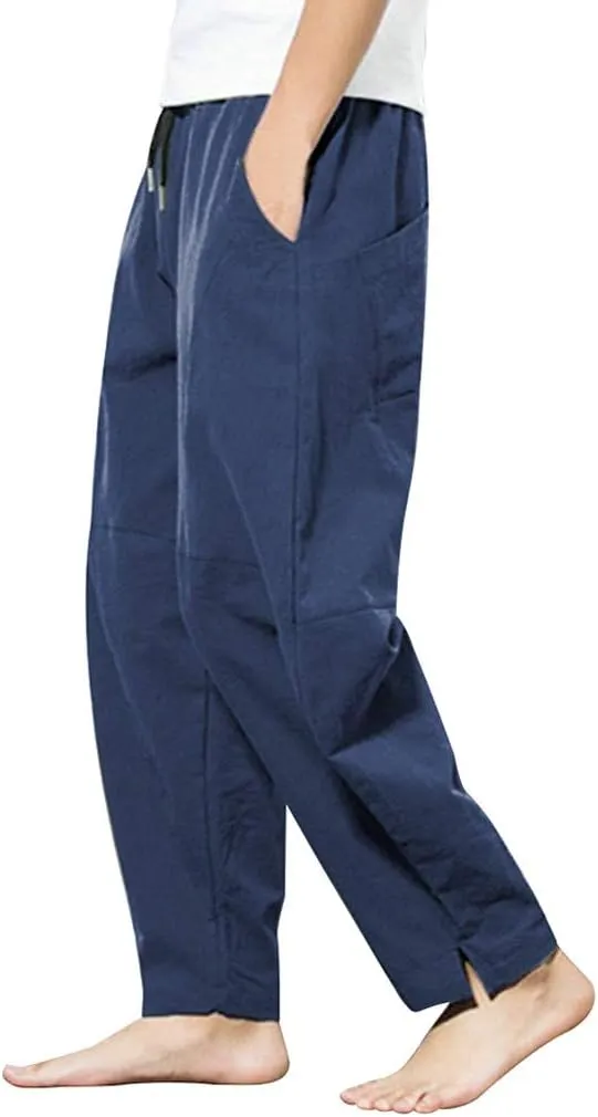 Linen Pants Mens Casual Pants Drawstring Beach Pants Relaxed-Fit Yoga Pants Summer Elastic Waist Pants