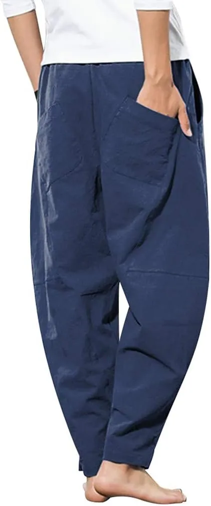 Linen Pants Mens Casual Pants Drawstring Beach Pants Relaxed-Fit Yoga Pants Summer Elastic Waist Pants
