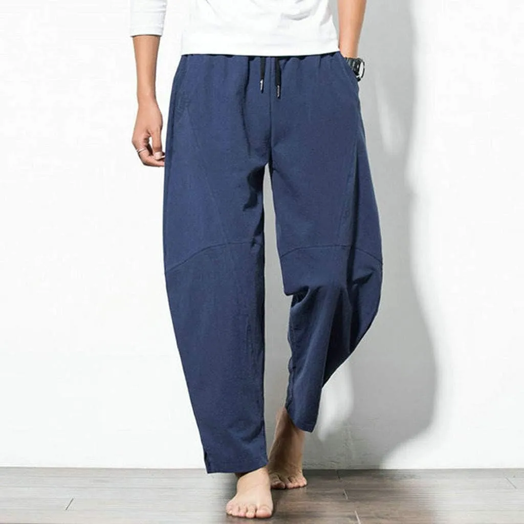 Linen Pants Mens Casual Pants Drawstring Beach Pants Relaxed-Fit Yoga Pants Summer Elastic Waist Pants
